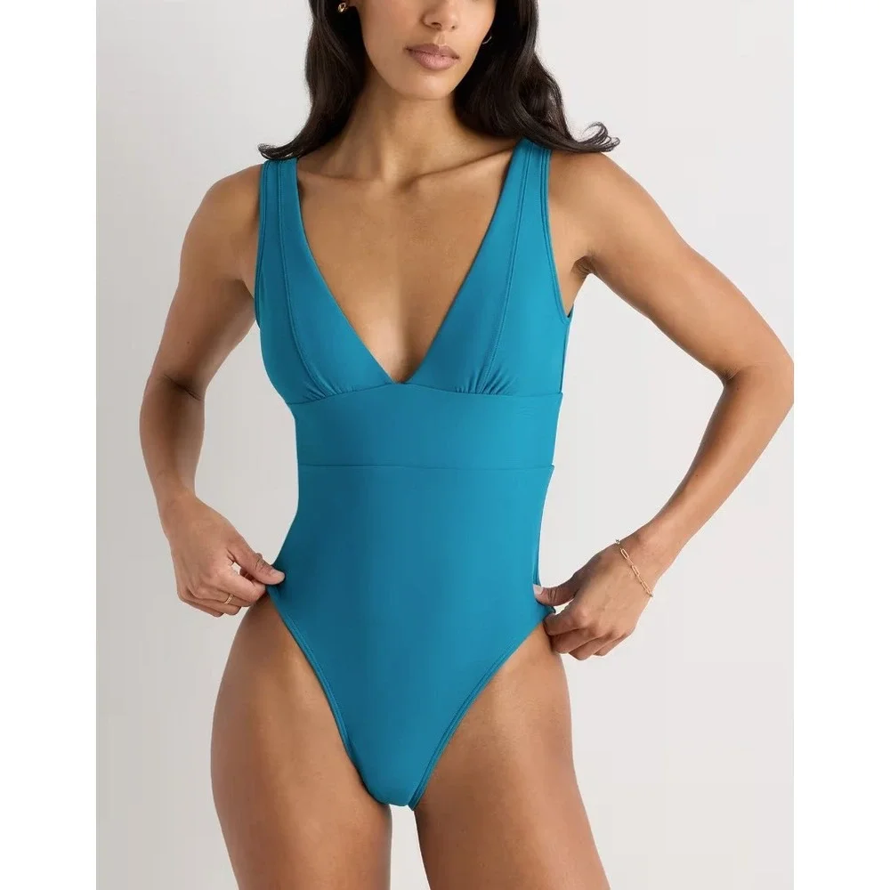 NWT Quince Italian Plunge One Piece Swimsuit, Lagoon Teal Blue, Sz M